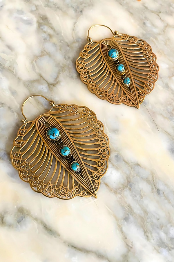 Turquoise Leaf Hoop Earrings